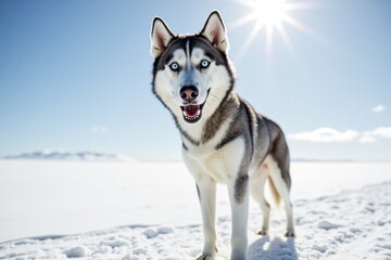 A sleek Siberian husky stands proudly on a snowy landscape, its striking blue eyes shining in the sunlight. The white snow and clear sky create a beautiful winter scene