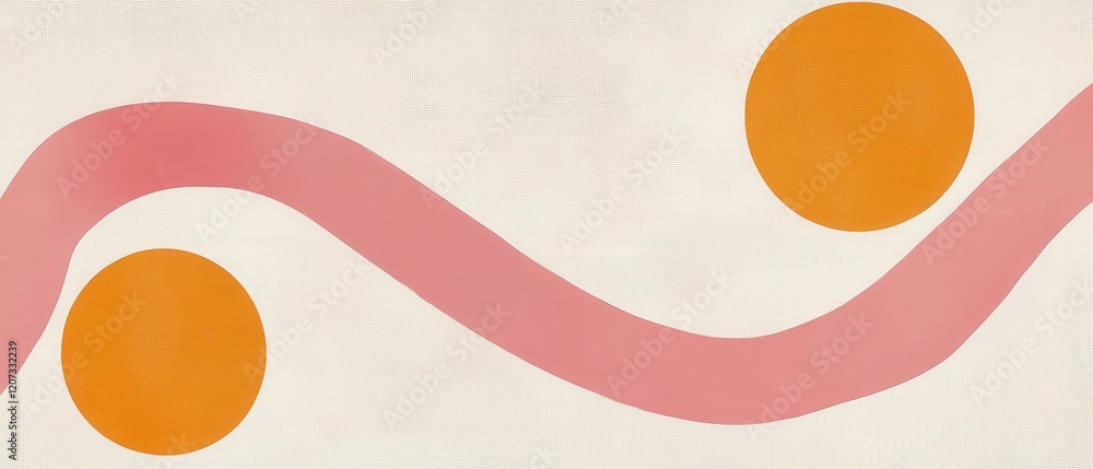 Poster abstract design featuring playful lines and shapes with orange circles and pink curves on a textured