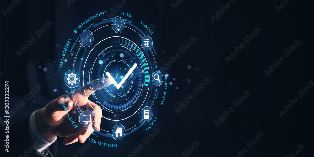 Poster businessman pressing digital checkmark hologram on futuristic user interface.