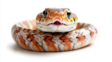 An impressive view of a snake with bold, bright patterns on its skin, confidently peeking out against a pristine, white background which accentuates its remarkable features.