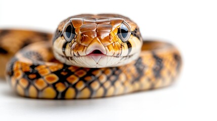 Fototapeta premium An artistic close-up of a coiled snake with striking patterns and colors, resting elegantly on a white surface, symbolizing tranquility and the beauty of nature.