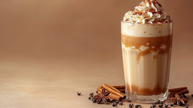 A soft beige backdrop displays a sleek glass of iced chai latte topped with cinnamon sticks and star anise