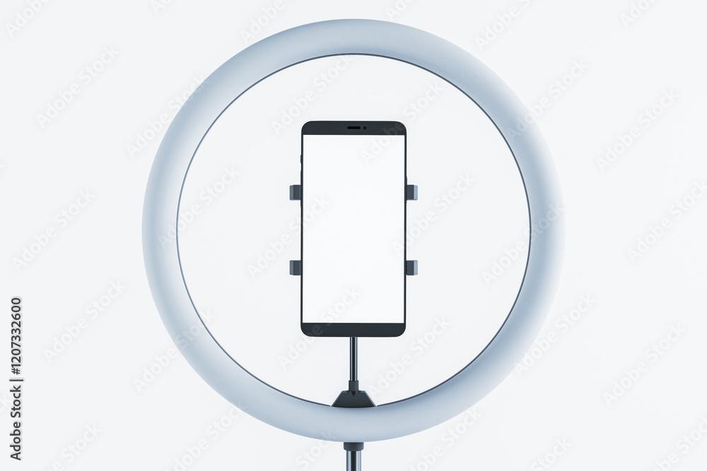 Poster smartphone mounted in a ring light for professional use on a white background. 3d rendering