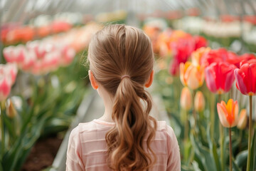 Naklejka premium Generative AI Image of a Person Surrounded by Vibrant Tulips in a Greenhouse Garden