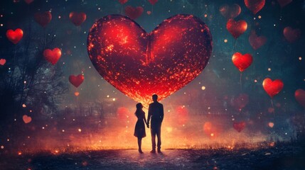 Obraz premium Romantic Couple Silhouetted Against a Magical Night Sky Filled with Glowing Hearts