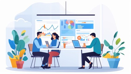 Fototapeta premium Teamwork in Modern Office Setting: Data Analysis and Collaboration