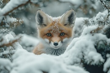 Fototapeta premium Adorable red fox kit peeking from snowy winter bushes, captivating eyes.