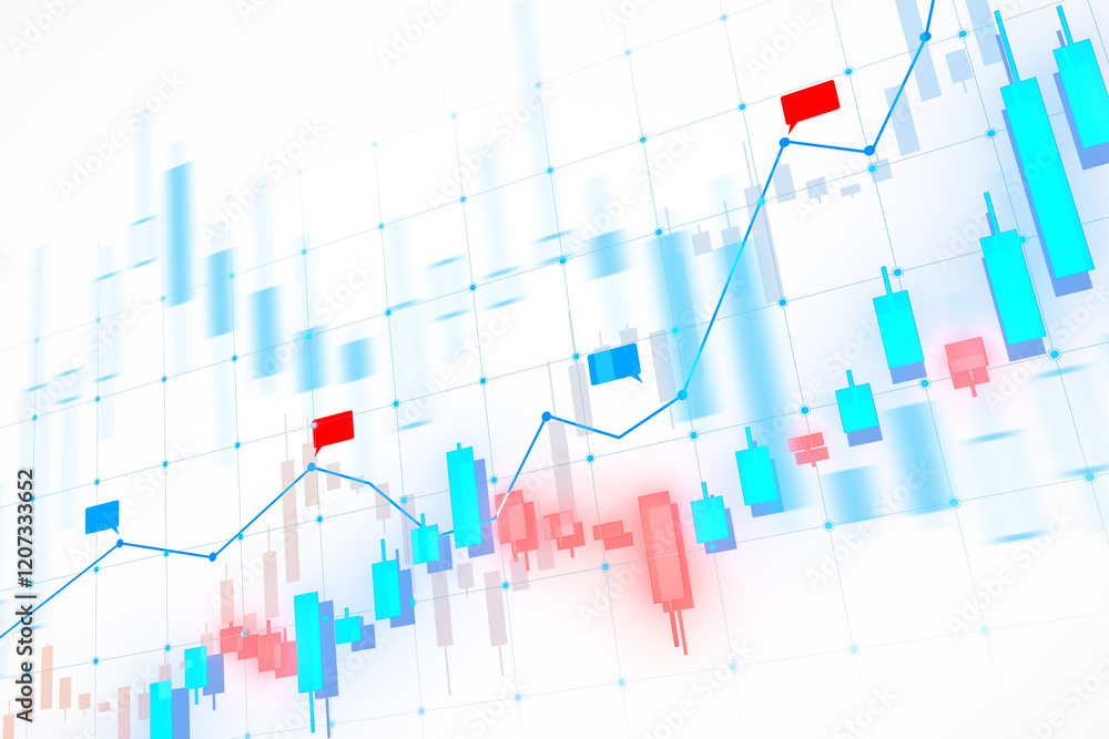 Poster financial chart with blue and red candlesticks on a white background. 3d rendering