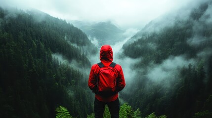 A person wearing vibrant red stands on the edge of a fog-covered valley, gazing into the wilderness, capturing the essence of isolation and introspection in nature.