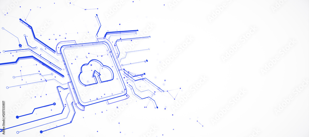 Poster Cloud upload icon surrounded by digital circuits on white background. 3D Rendering