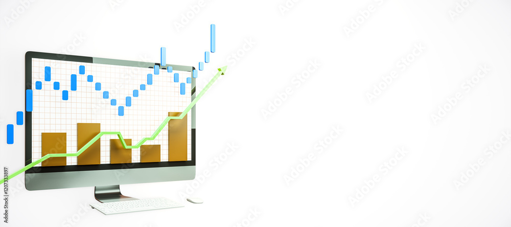 Poster Financial chart with bars and candlesticks displayed on desktop monitor. 3D Rendering