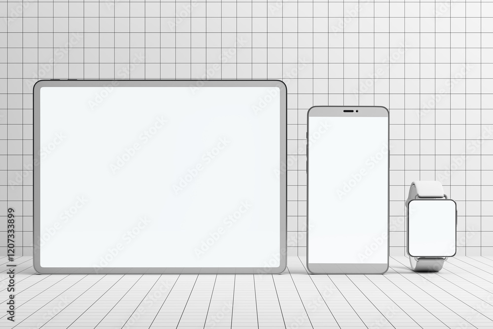 Poster Digital devices set with tablet, smartphone, and smartwatch on a tiled background for mockup presentation. 3D Rendering