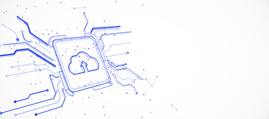Cloud upload icon surrounded by digital circuits on white background. 3D Rendering