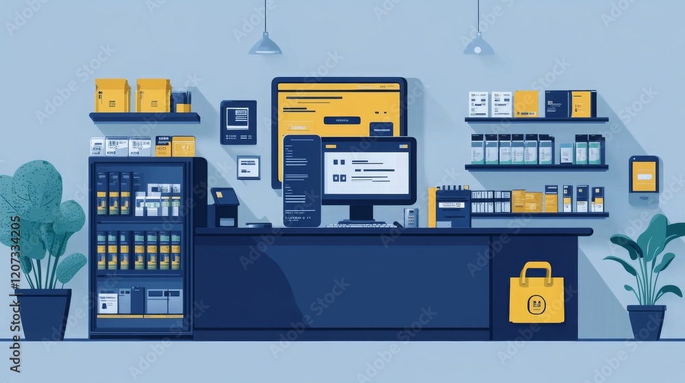 Poster digital payments workspace with products and technology setup in a modern retail environment