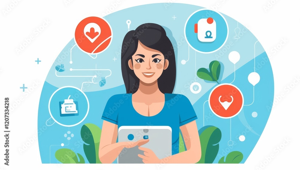 Poster woman using tablet with connected devices and data