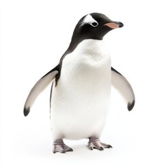Obraz premium A playful penguin looking directly ahead, set against a simple white background, highlighting its distinctive features and natural stance.