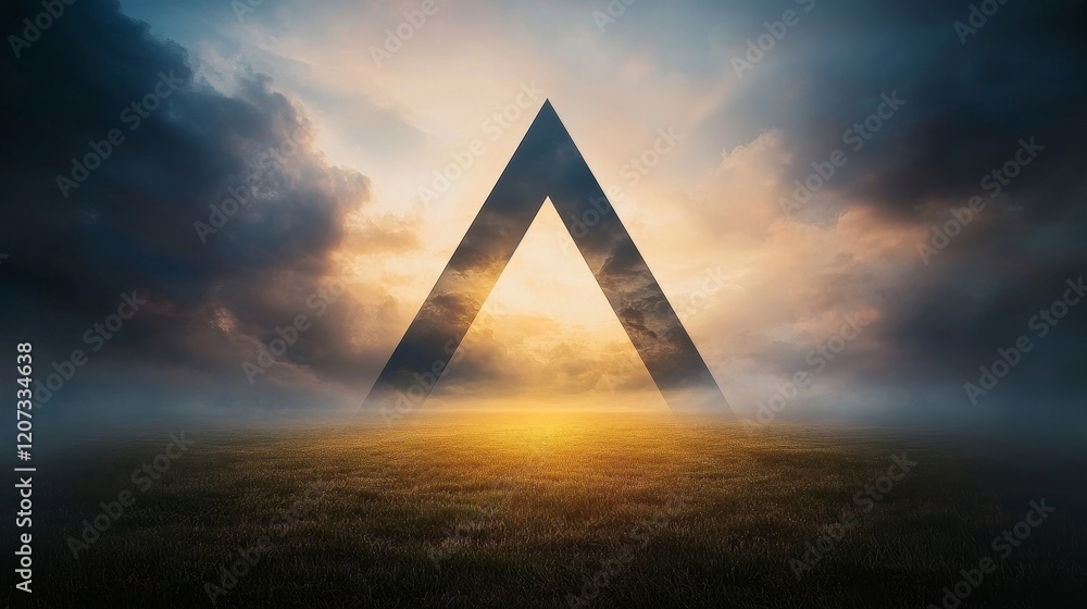 Aufkleber surreal landscape with triangular structure emerging from fog at dusk, captivating clouds and golden
