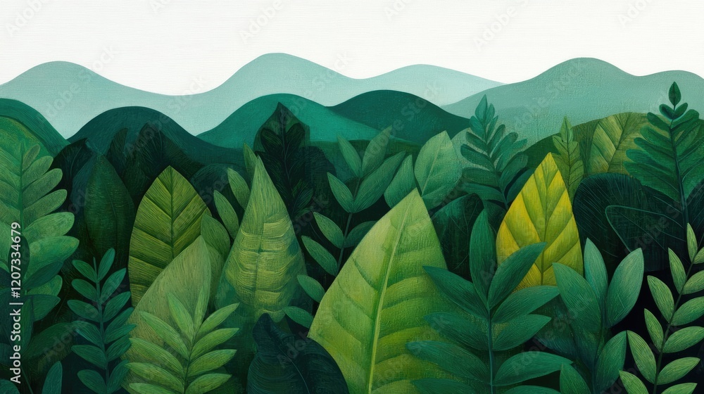 Poster lush green foliage with various leaf shapes and textured patterns, set against soft, rolling hills i