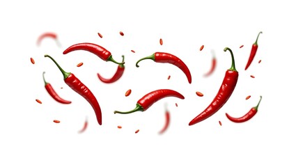 Flying falling red chili peppers isolated on transparent or white background, png