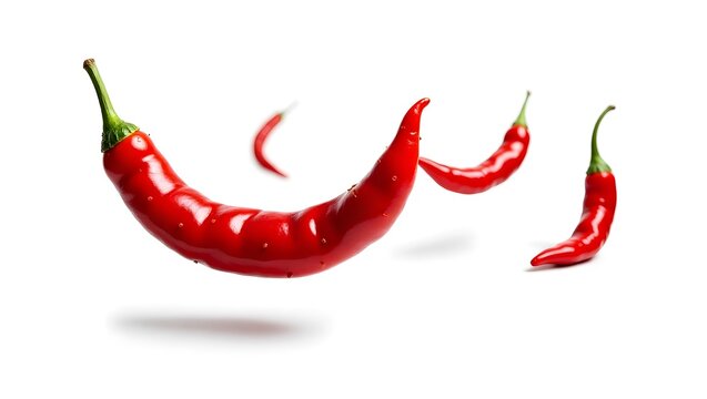 Flying falling red chili peppers isolated on transparent or white background, png