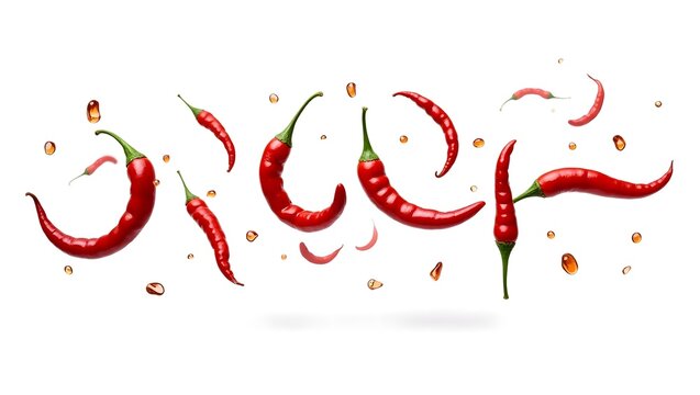 Flying falling red chili peppers isolated on transparent or white background, png