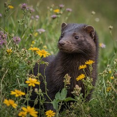 Fototapeta premium A mink peeking out from behind a cluster of wildflowers, with rolling hills in the distance.