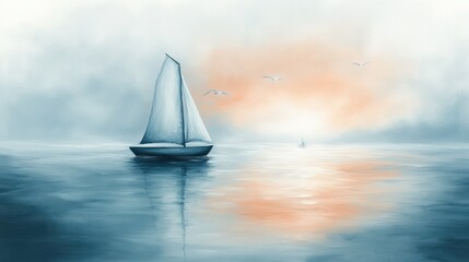 Fototapeta premium Serene Sunset Sailboat: A Peaceful Ocean Escape