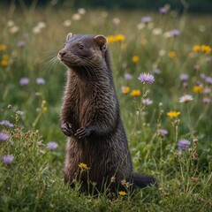 Fototapeta premium A mink standing on its hind legs, looking curious, with a flower meadow stretching out behind it.