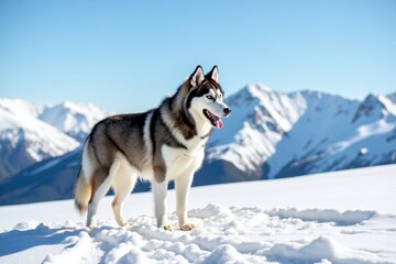 A majestic Alaskan Malamute stands on a snowy mountain peak, its thick fur shining in the sunlight. The breathtaking view of snow-capped mountains and blue sky enhances this proud moment