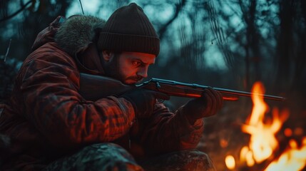 Naklejka premium A hunter focuses intently on his target in the wilderness. The evening light creates an atmosphere of anticipation. This moment captures the essence of outdoor adventure. Generative AI