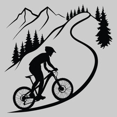 cyclist on a mountain silhouette vector design art and illustration