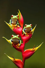 Naklejka premium red eye tree frog amazon among heliconia plants, red eyed tree frog Amazon on Heliconia flowers,