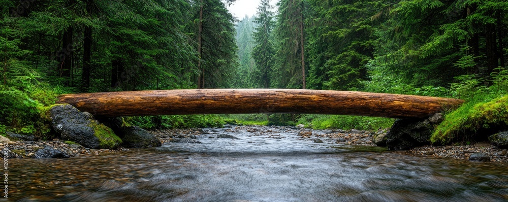 Poster a rustic log bridge spans a serene stream, surrounded by lush green trees in a tranquil forest setti