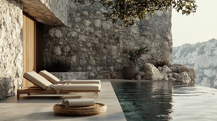 Luxury poolside lounge chairs near infinity pool and stone wall.