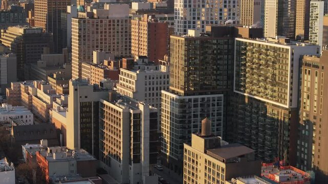 Aerial view of generic buildings in Downtown Brooklyn. Shot on a winter day in New York City.