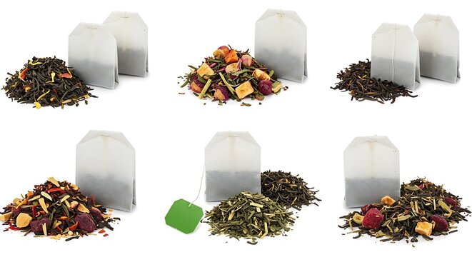Different types of tea with teabags and copy space isolated on white background