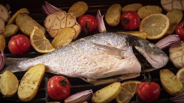 Timelapse of Baking Whole Fish Sea Bream with Vegetable in Oven. Speed Ramp of Home Baking. Fresh Meat. Camera in Motion.