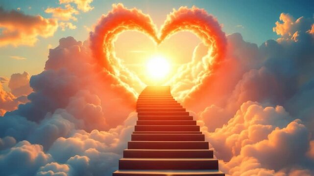 Stairway to Heaven with Glowing Heart Portal. Mystical Staircase Rising through Sunset Clouds to Fiery Heart Gateway. Spiritual Journey Concept for Religious, Faith Banner with Copy Space