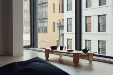 Tea in a Modern Loft: A stylish loft space with floor-to-ceiling windows, a sleek tea set, and minimalist decor, highlighting the contrast between modern and traditional.