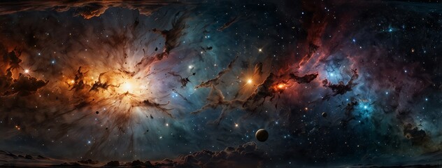 A mesmerizing HDRI spherical panorama of a space scene, showcasing the beauty of a nebula and stars in a detailed 360-degree equirectangular environment map