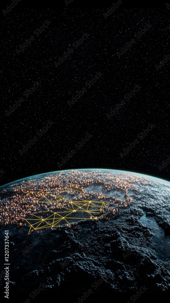 Poster global network illuminated cities interconnected world futuristic map