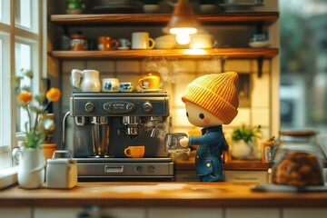 Fototapeta premium A cute cartoon character makes coffee in a cozy kitchen setting.