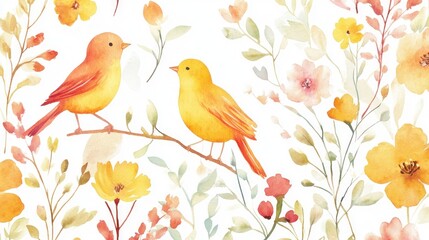 Watercolor birds on branch, floral background, seamless pattern, textile design