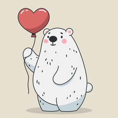 Cute polar bear with heart shaped balloon. Valentines Day card. Vector illustration