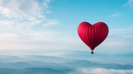 Fototapeta premium Heart-Shaped Hot Air Balloon Ascending into the Blue Sky Over Serene Mountains, Symbolizing Love, Adventure, and Freedom in a Dreamy Landscape