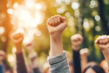 International Day of Democracy, people hold raised fists in the air. Struggle for social justice