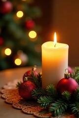 Softly glowing candle on a golden advent background amidst Christmas ornaments, decorations, candle