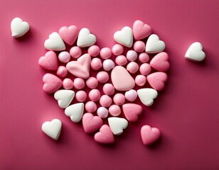 valentine's day background. Top view of pink and white candies in shape of heart on pink background. Generated image
