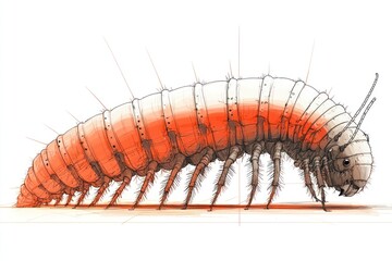 Fototapeta premium Segmented robotic insect crawls, orange and white.