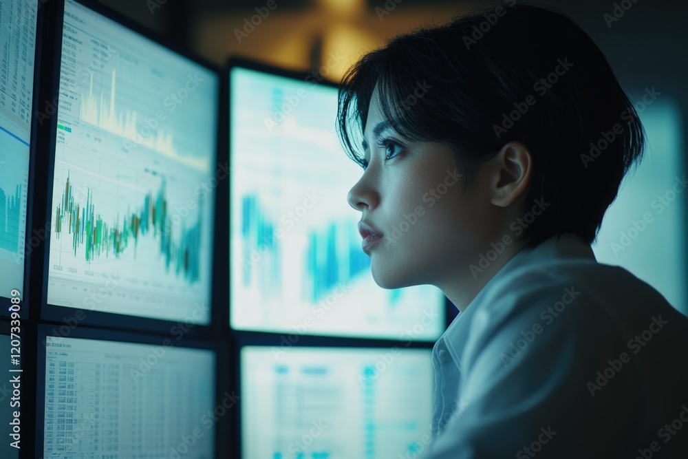 Poster a young woman intently focuses on multiple computer screens displaying financial data and stock mark